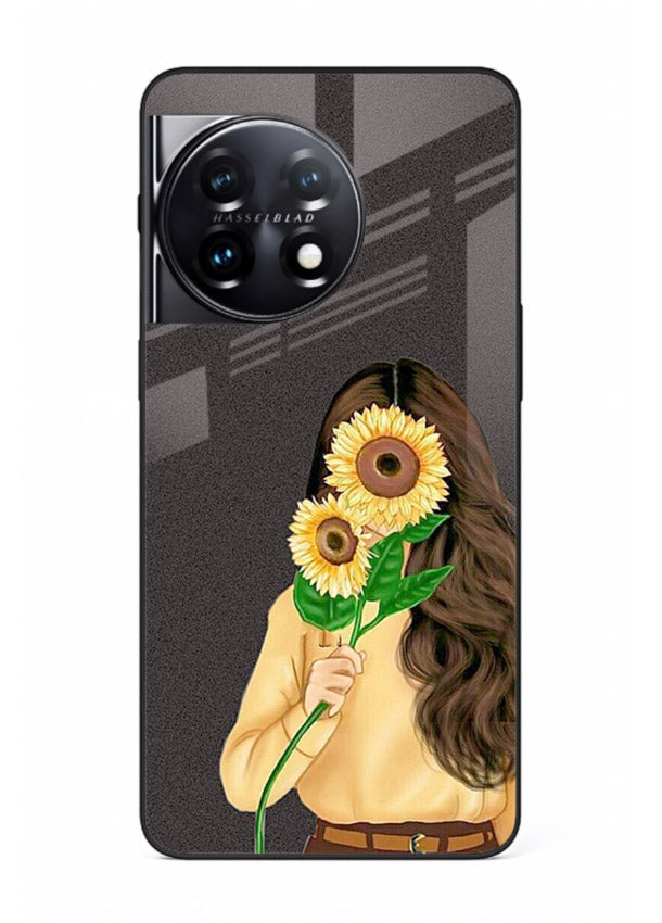 Sunflower collage artwork printed on OnePlus 11R glass back cover with bright uplifting tones.
