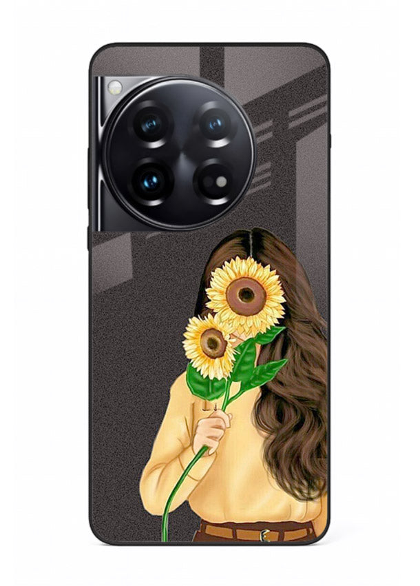 Sunflower collage artwork printed on OnePlus 12 glass back cover with bright uplifting tones.