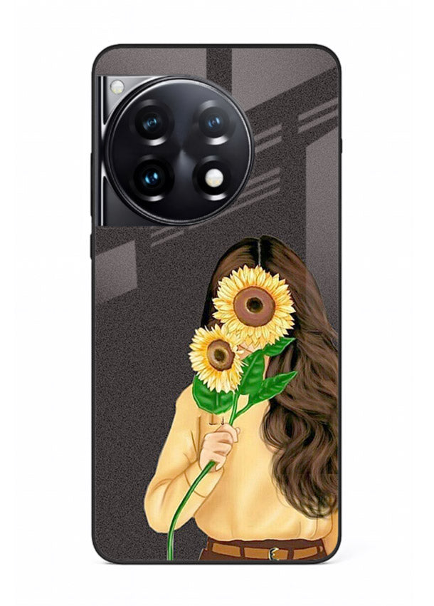 Sunflower collage artwork printed on OnePlus 12R glass back cover with bright uplifting tones.