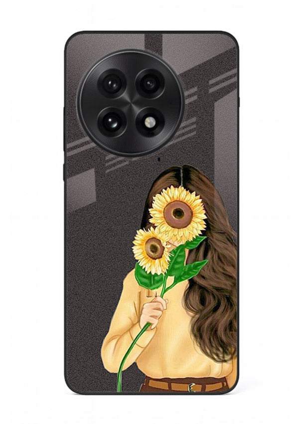 Sunflower collage artwork printed on OnePlus 13R glass back cover with bright uplifting tones.