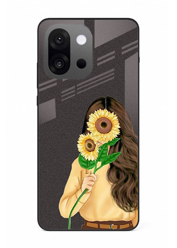 Sunflower collage artwork printed on OnePlus 13s glass back cover with bright uplifting tones.