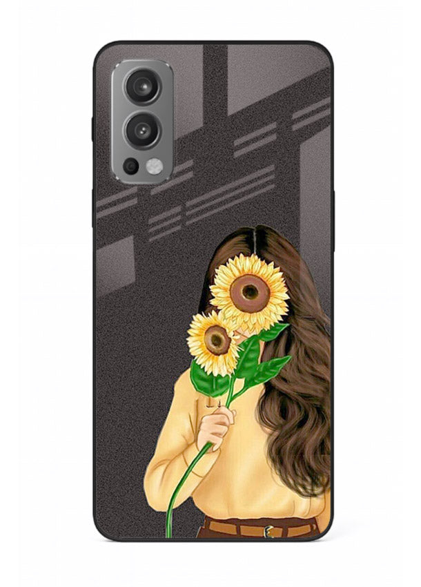 Sunflower collage artwork printed on OnePlus Nord 2 glass back cover with bright uplifting tones.