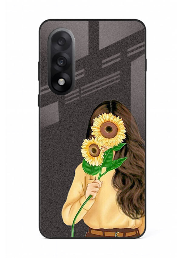 Sunflower collage artwork printed on OnePlus Nord 5 glass back cover with bright uplifting tones.
