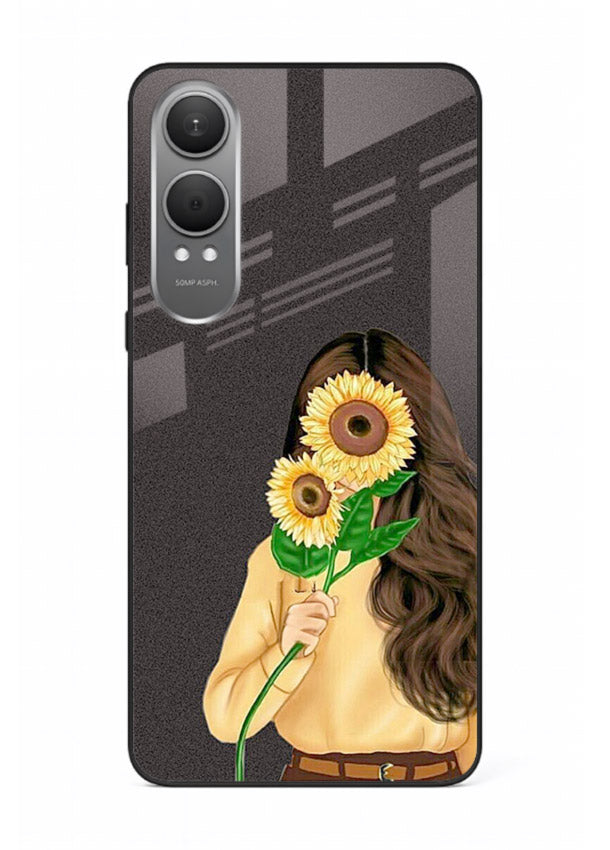 Sunflower collage artwork printed on OnePlus Nord CE4 Lite glass back cover with bright uplifting tones.