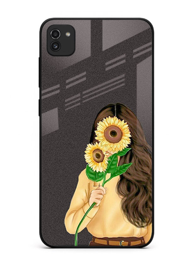 Sunflower collage artwork printed on Samsung A03 glass back cover with bright uplifting tones.