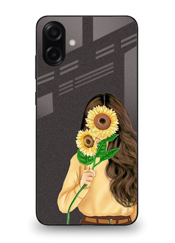 Sunflower collage artwork printed on Samsung A07 4G glass back cover with bright uplifting tones.