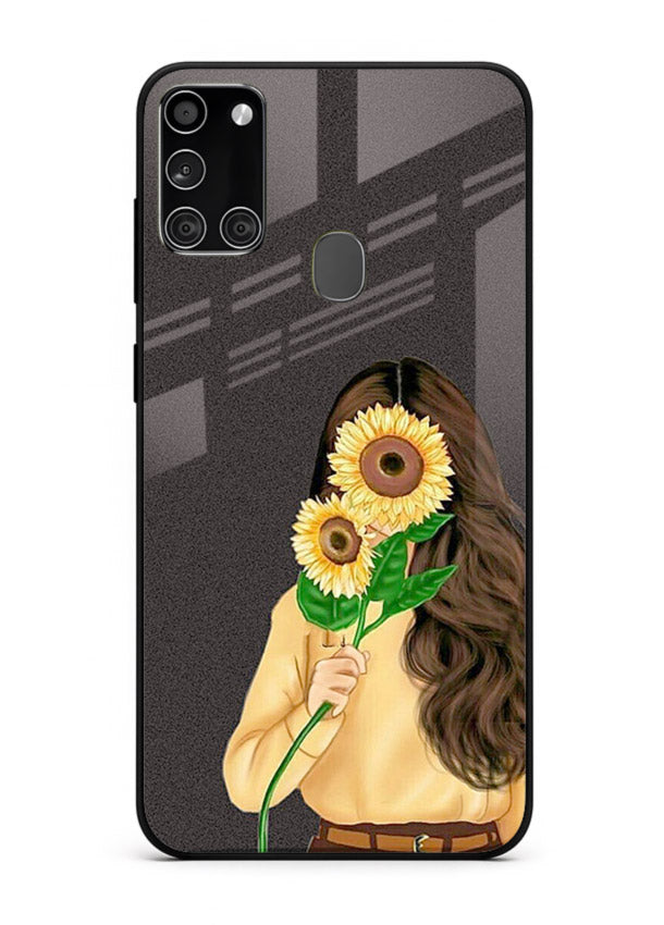 Sunflower collage artwork printed on Samsung A21s glass back cover with bright uplifting tones.