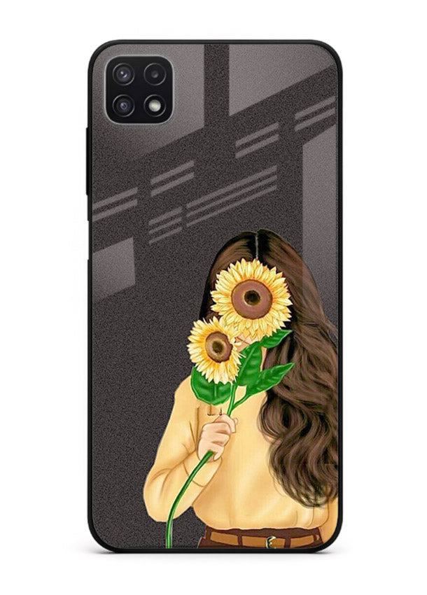 Sunflower collage artwork printed on Samsung F42 5G glass back cover with bright uplifting tones.