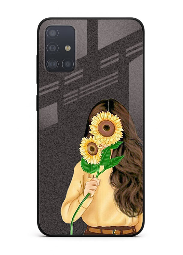 Sunflower collage artwork printed on Samsung A51 glass back cover with bright uplifting tones.