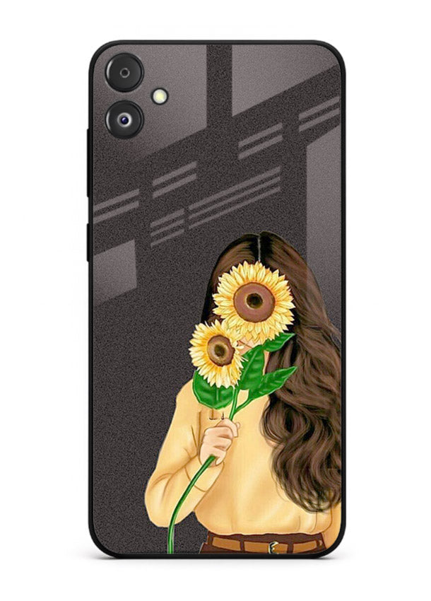 Sunflower collage artwork printed on Samsung F05 5G glass back cover with bright uplifting tones.