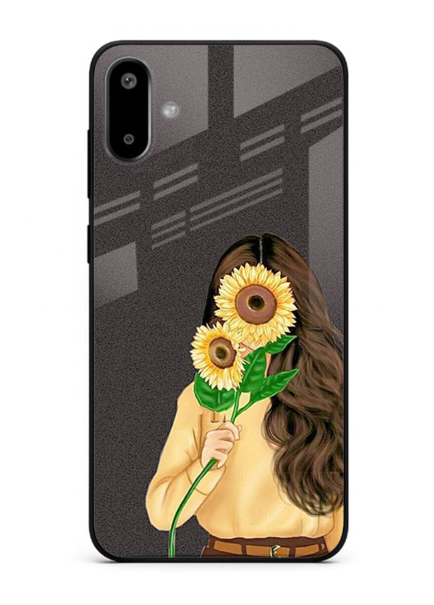 Sunflower collage artwork printed on Samsung F06 5G glass back cover with bright uplifting tones.