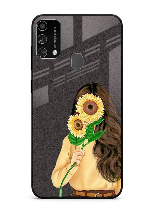 Sunflower collage artwork printed on Samsung F41 glass back cover with bright uplifting tones.