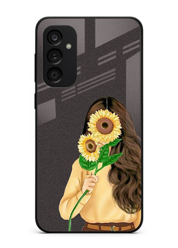 Sunflower collage artwork printed on Samsung F54 5G glass back cover with bright uplifting tones.