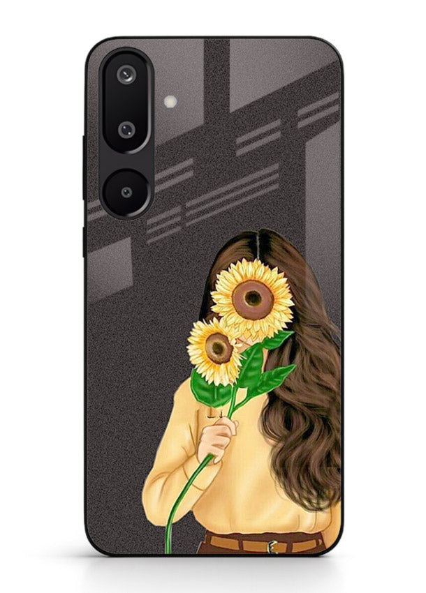 Sunflower collage artwork printed on Samsung M16 5G glass back cover with bright uplifting tones.