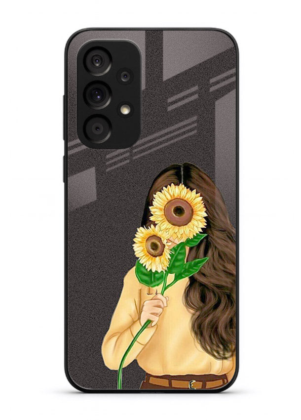 Sunflower collage artwork printed on Samsung A73 5G glass back cover with bright uplifting tones.
