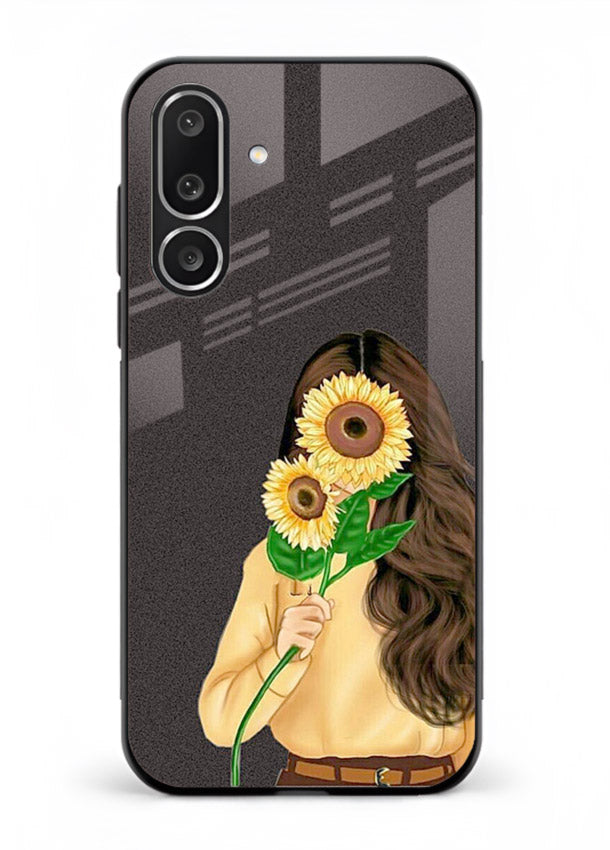 Sunflower collage artwork printed on Samsung F56 5G glass back cover with bright uplifting tones.