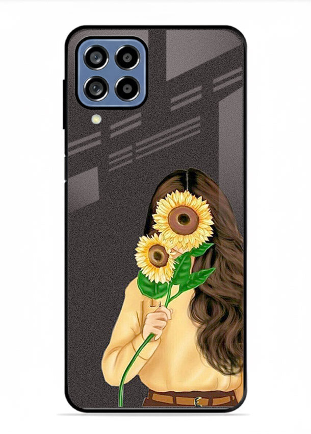 Sunflower collage artwork printed on Samsung A22 4G glass back cover with bright uplifting tones.
