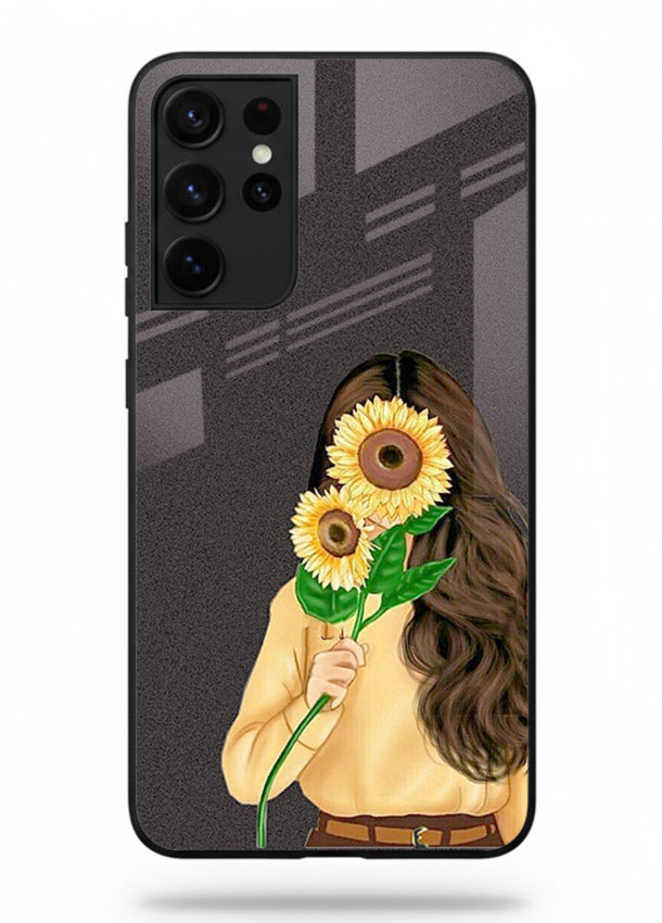 Sunflower collage artwork printed on Samsung S21 Ultra glass back cover with bright uplifting tones.