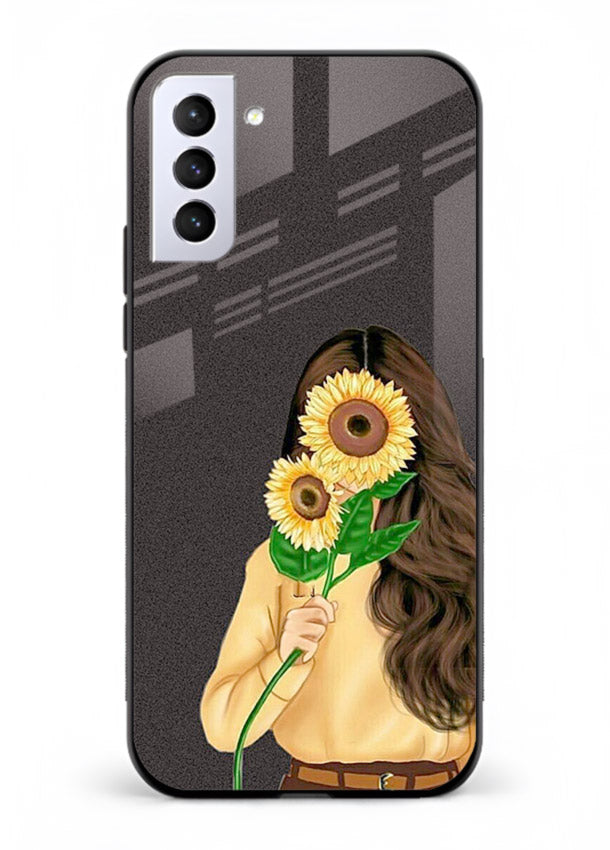 Sunflower collage artwork printed on Samsung S21 Plus glass back cover with bright uplifting tones.