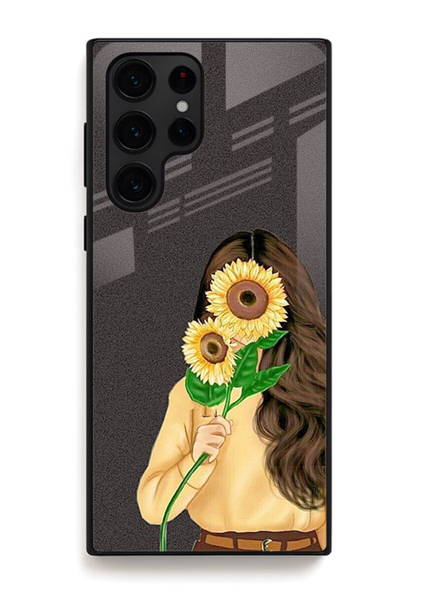 Sunflower collage artwork printed on Samsung S23 Ultra glass back cover with bright uplifting tones.