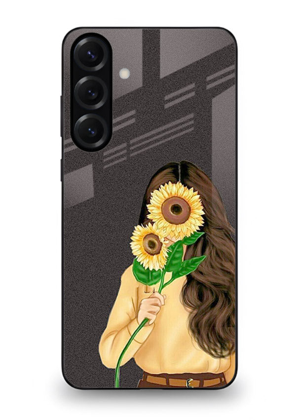 Sunflower collage artwork printed on Samsung S23 FE glass back cover with bright uplifting tones.