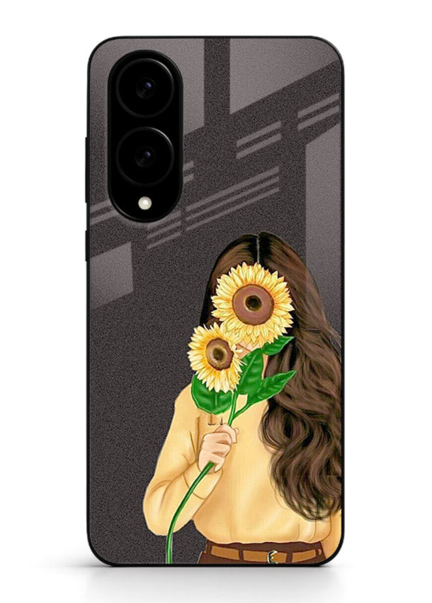 Sunflower collage artwork printed on Samsung S25 Edge glass back cover with bright uplifting tones.