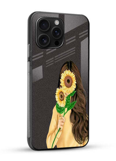 Sunflower collage artwork printed on glossy vibrant premium glass back cover with bright uplifting tones. - Angle Side