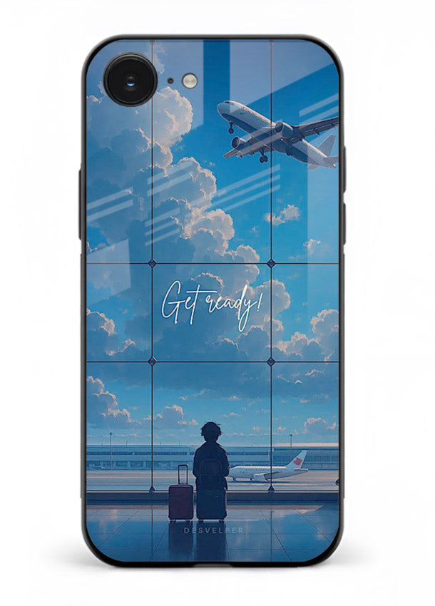 Blue Airport Window airplane scene iphone 16e glass back cover