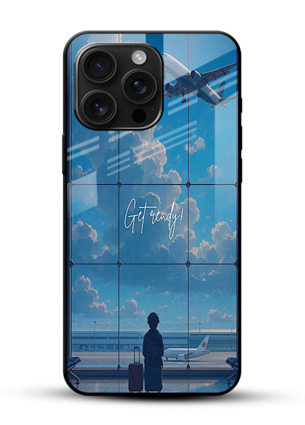 Blue Airport Window airplane scene glossy vibrant premium glass back cover - Angle Front