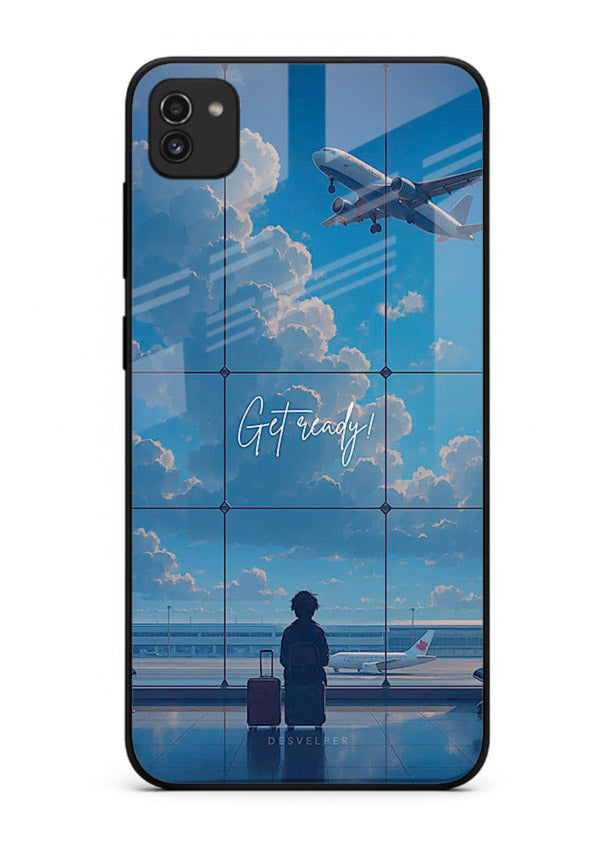 Blue Airport Window airplane scene Samsung A03 glass back cover