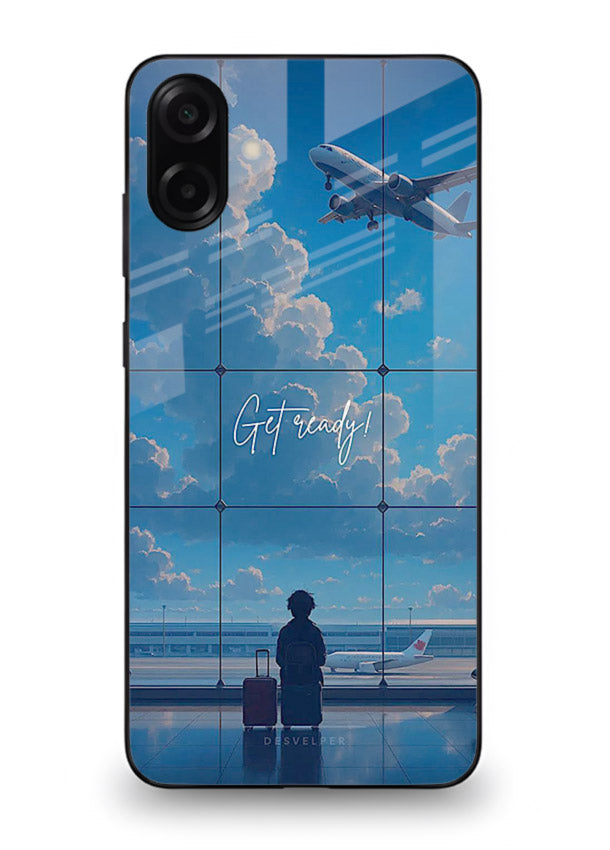 Blue Airport Window airplane scene Samsung A06 5G glass back cover