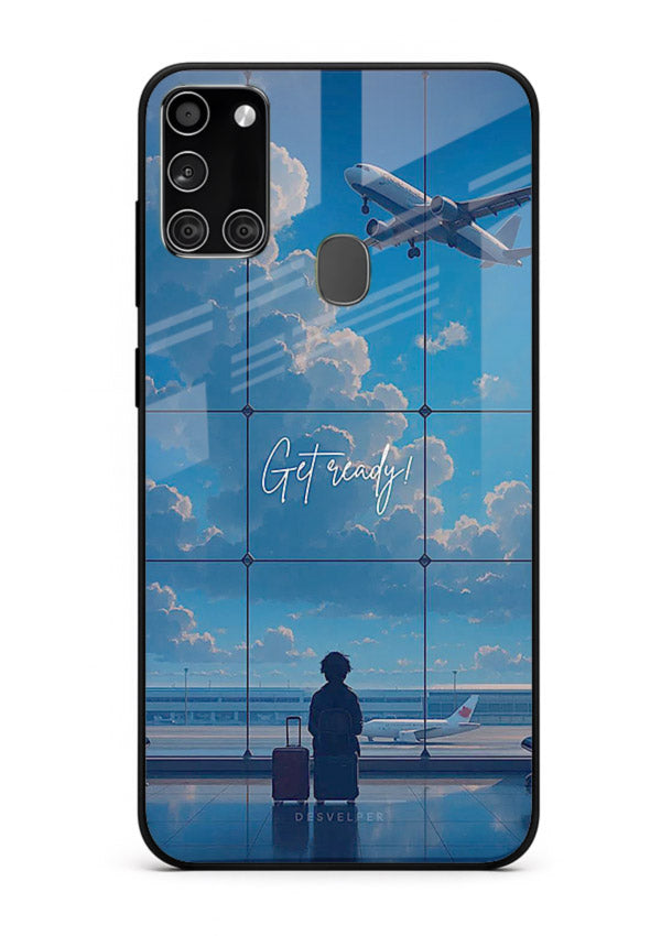 Blue Airport Window airplane scene Samsung A21s glass back cover