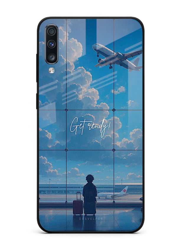 Blue Airport Window airplane scene Samsung A70 glass back cover