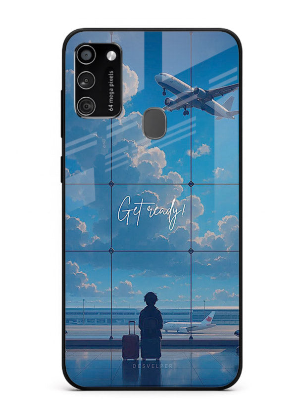 Blue Airport Window airplane scene Samsung M21 glass back cover