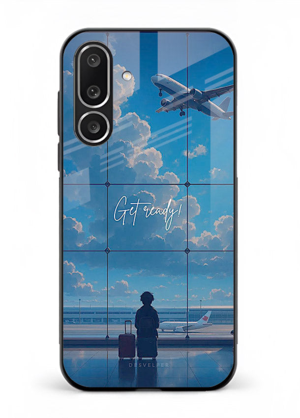 Blue Airport Window airplane scene Samsung M36 5G glass back cover