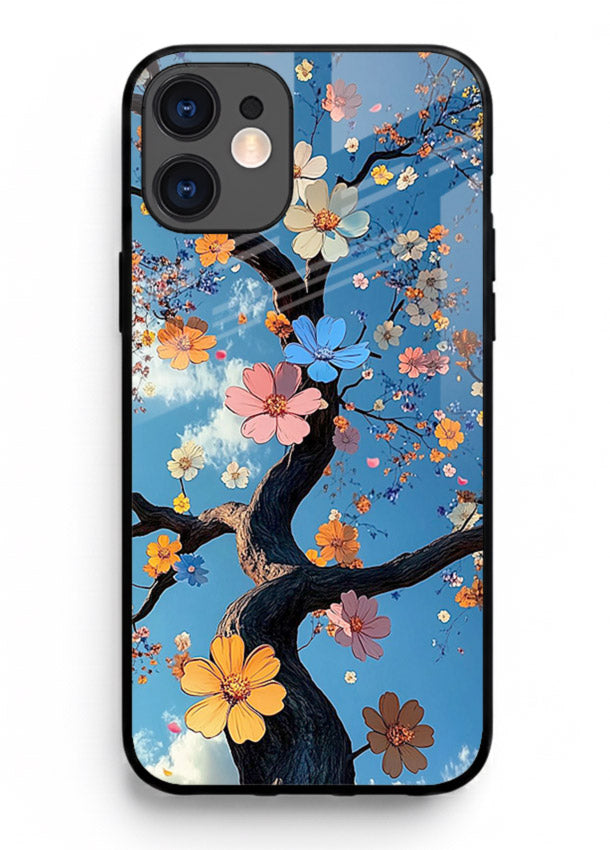 Blue blossom branch artwork on iphone 12 mini glass back cover with cool botanical tones.