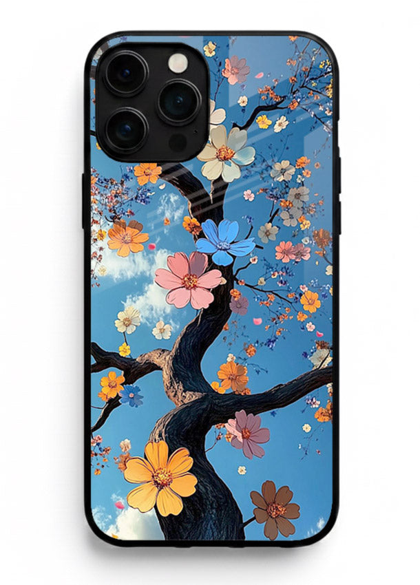 Blue blossom branch artwork on iphone 13 pro max glass back cover with cool botanical tones.