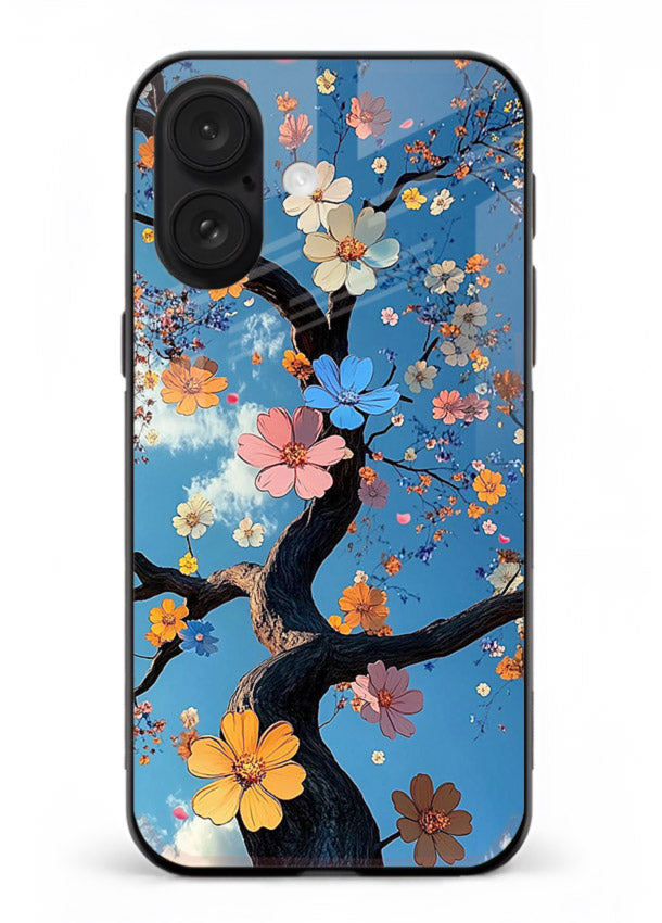 Blue blossom branch artwork on iphone 17 glass back cover with cool botanical tones.