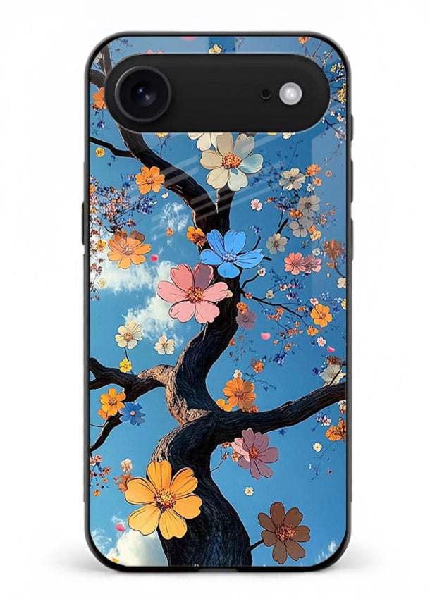 Blue blossom branch artwork on iphone 18 air glass back cover with cool botanical tones.