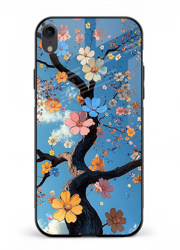 Blue blossom branch artwork on iphone xr glass back cover with cool botanical tones.