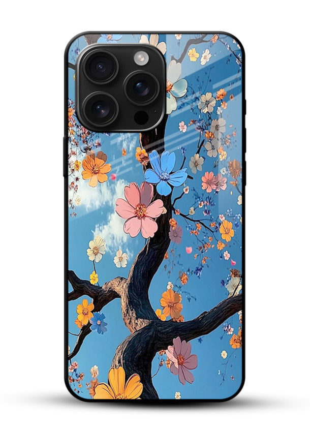 Blue blossom branch artwork on glossy vibrant premium glass back cover with cool botanical tones. - Angle Front