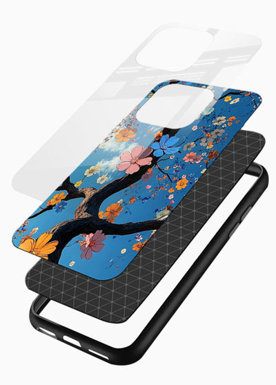 Blue blossom branch artwork on glossy vibrant premium glass back cover with cool botanical tones. - Angle Layers