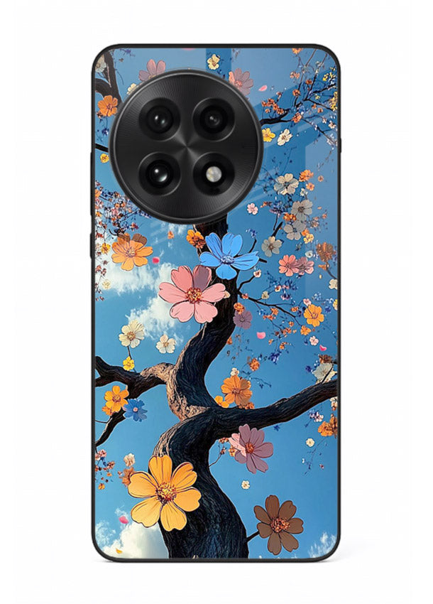 Blue blossom branch artwork on OnePlus 13R glass back cover with cool botanical tones.