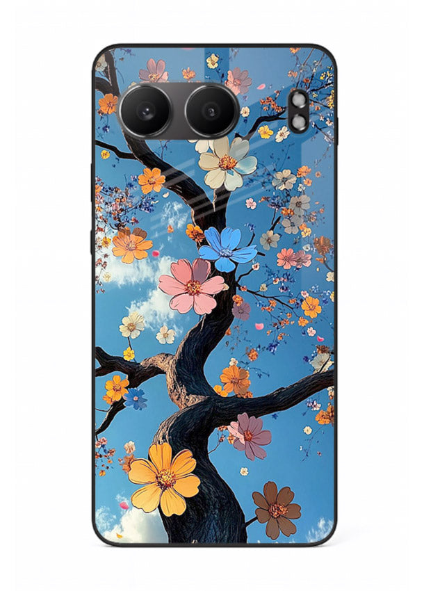 Blue blossom branch artwork on OnePlus Nord 4 glass back cover with cool botanical tones.
