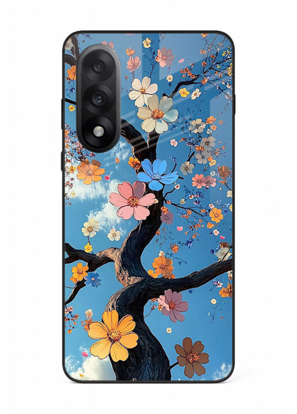 Blue blossom branch artwork on OnePlus Nord 5 glass back cover with cool botanical tones.