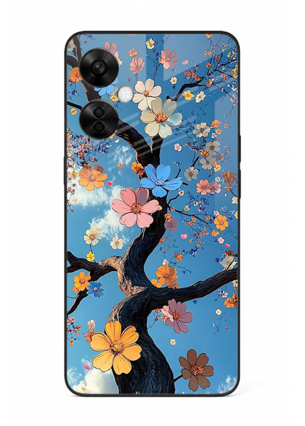 Blue blossom branch artwork on OnePlus Nord CE3 Lite glass back cover with cool botanical tones.