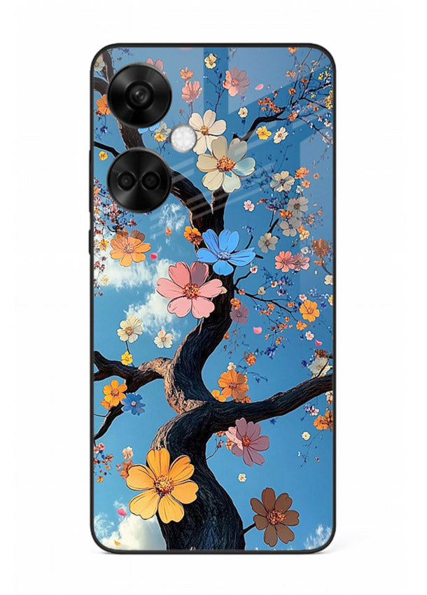 Blue blossom branch artwork on OnePlus Nord CE3 glass back cover with cool botanical tones.