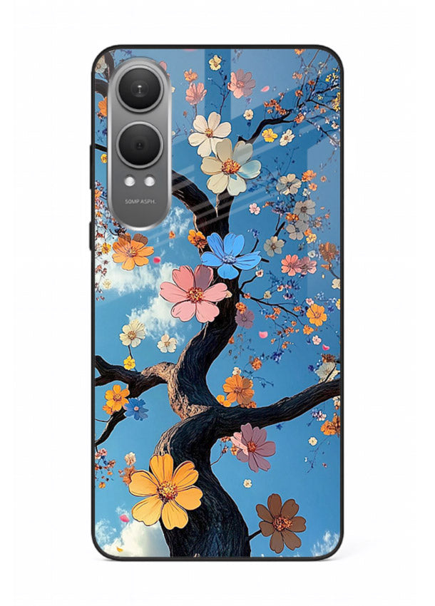 Blue blossom branch artwork on OnePlus Nord CE4 Lite glass back cover with cool botanical tones.