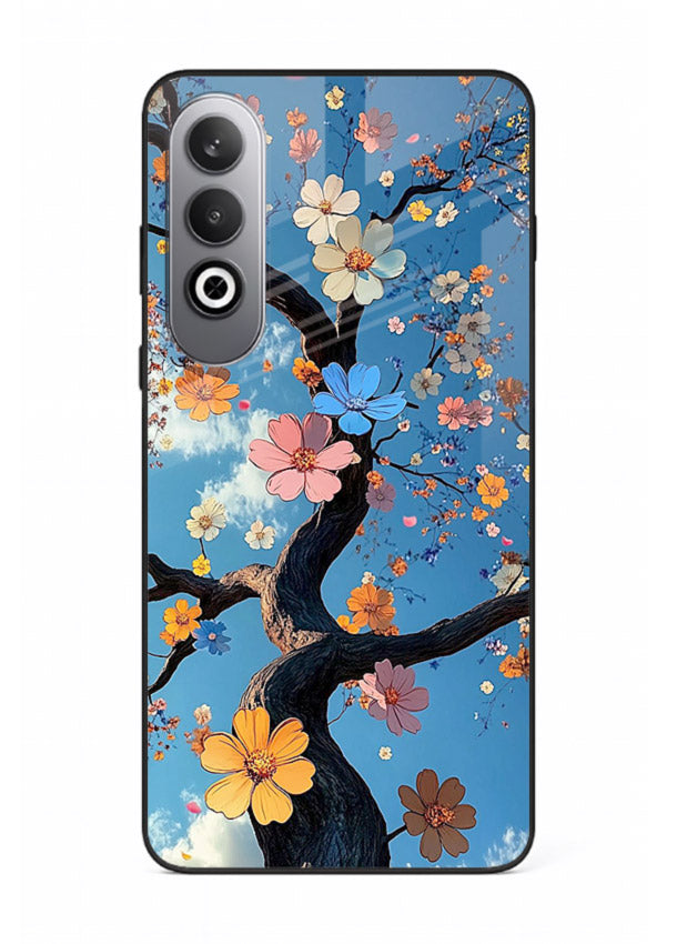 Blue blossom branch artwork on OnePlus Nord CE4 glass back cover with cool botanical tones.
