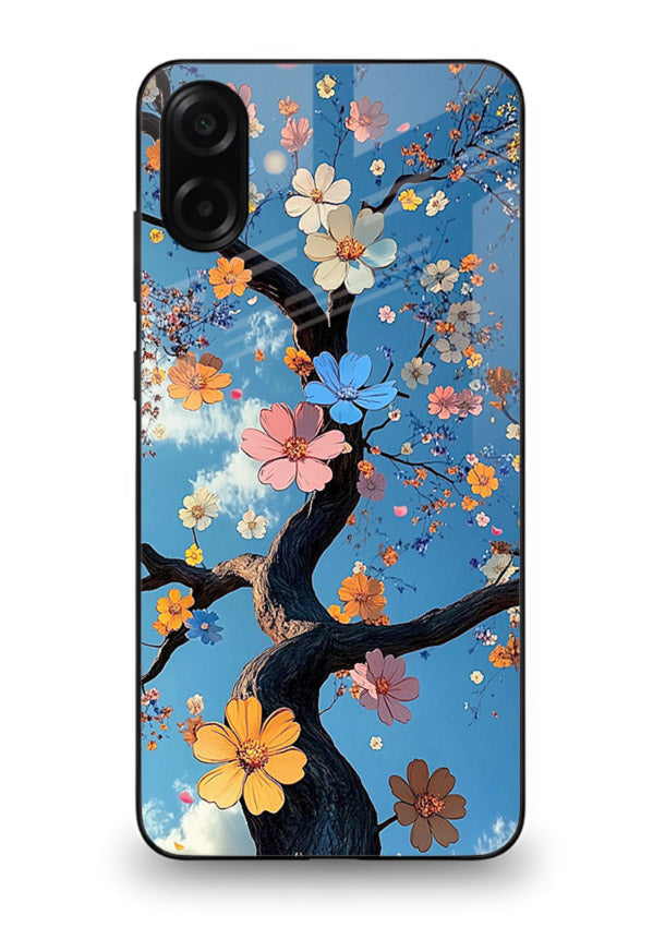 Blue blossom branch artwork on Samsung A06 5G glass back cover with cool botanical tones.
